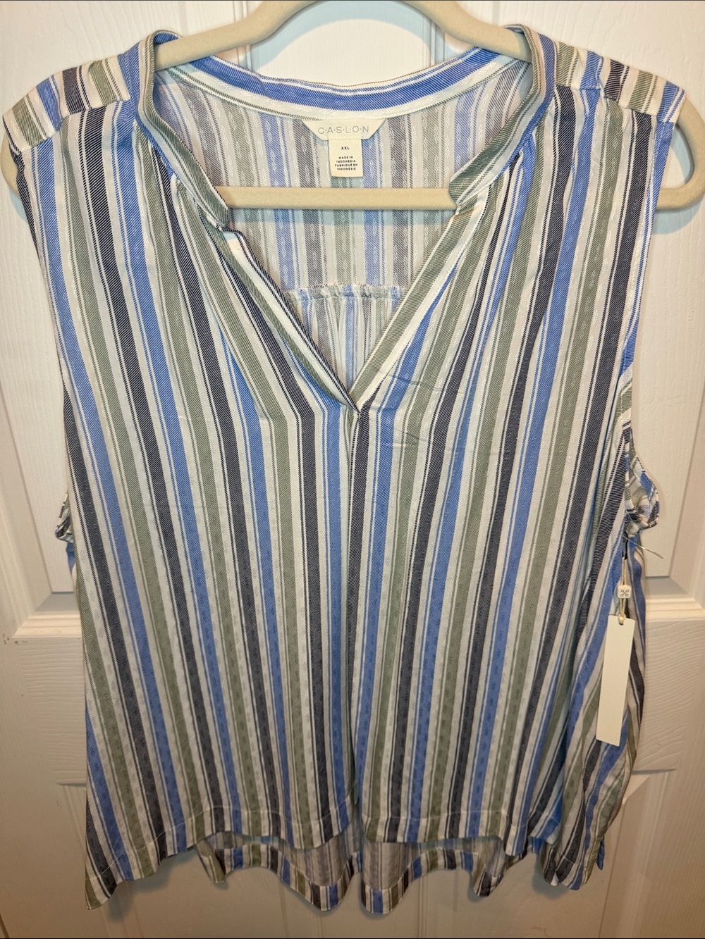 Caslon Blue and Green Striped V-Neck Sleeveless Top